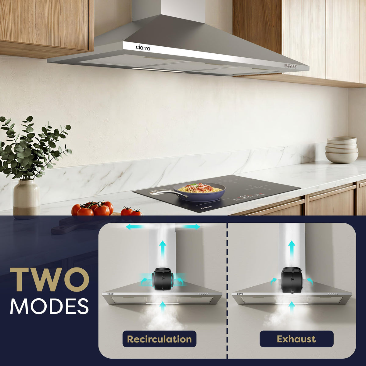 CIARRA 60cm Chimney Cooker Hood, 370m³/h,Ducting & Recirculation,CAS6201A