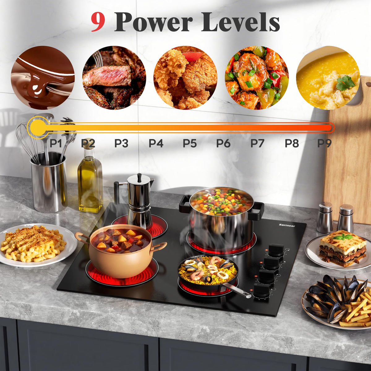 Karinear Electric Ceramic Hob 60cm 4 Zones with Built-in Extractor Hood