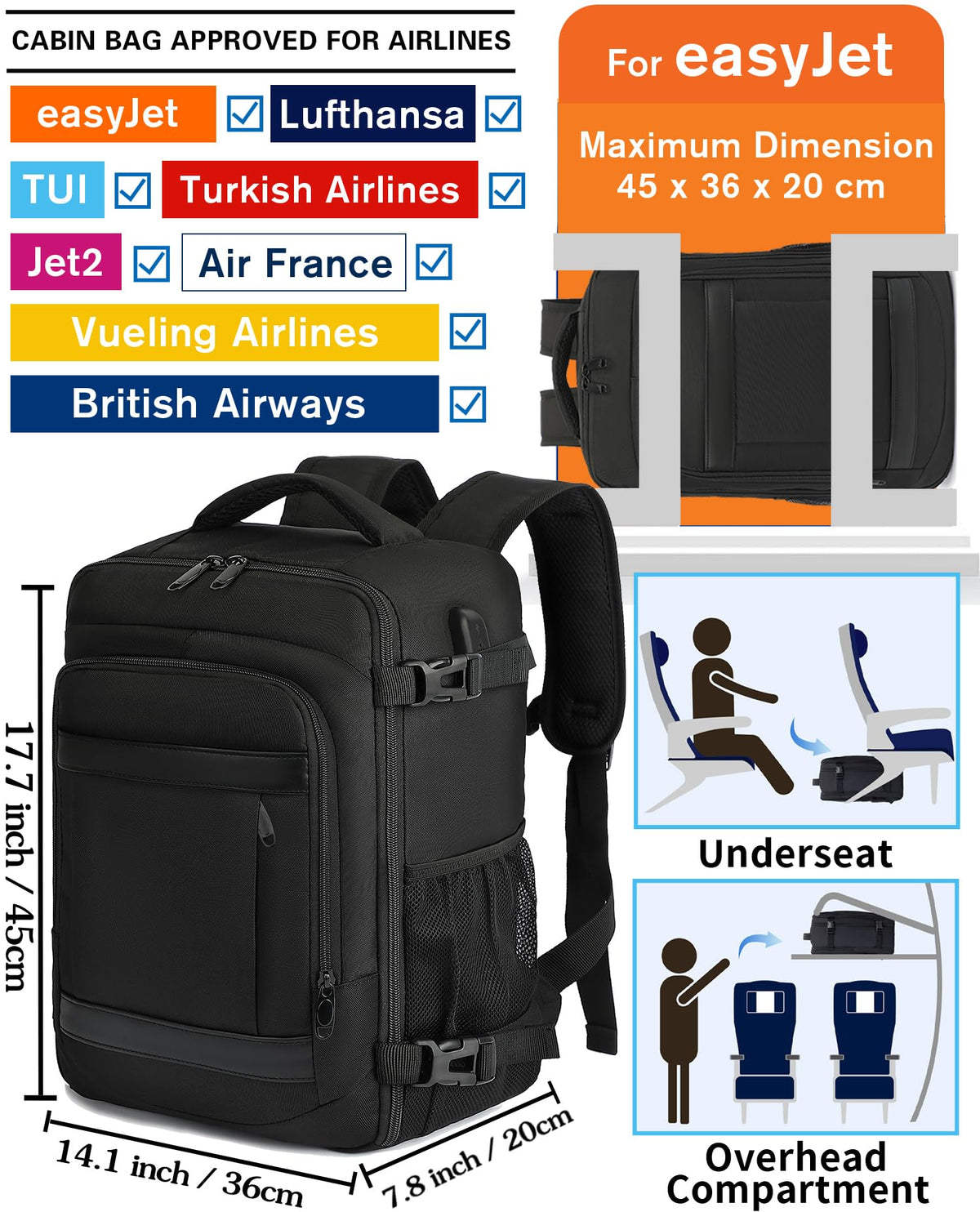 KLOSTAIN Cabin Bags 40x20x25 for Ryanair Underseat Travel Backpack Hand Luggage Carry-ons Bag Cabin Size 20L for Airplanes Flight Ruscksack Black