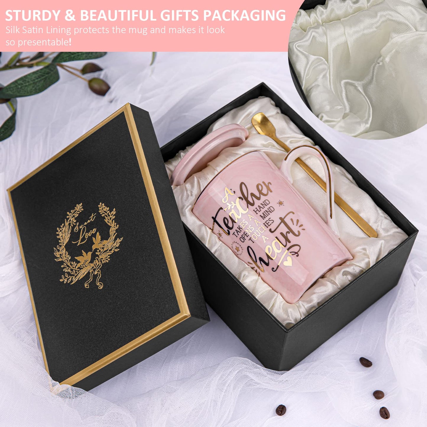 Unique Teacher Appreciation Gifts for Women - Best Teacher Gifts for Teachers, 14oz Pink Marble Ceramic Coffee Mug Printed with Gold, Retirement Birthday Graduation Ideas, End of The Year, Gift Boxed