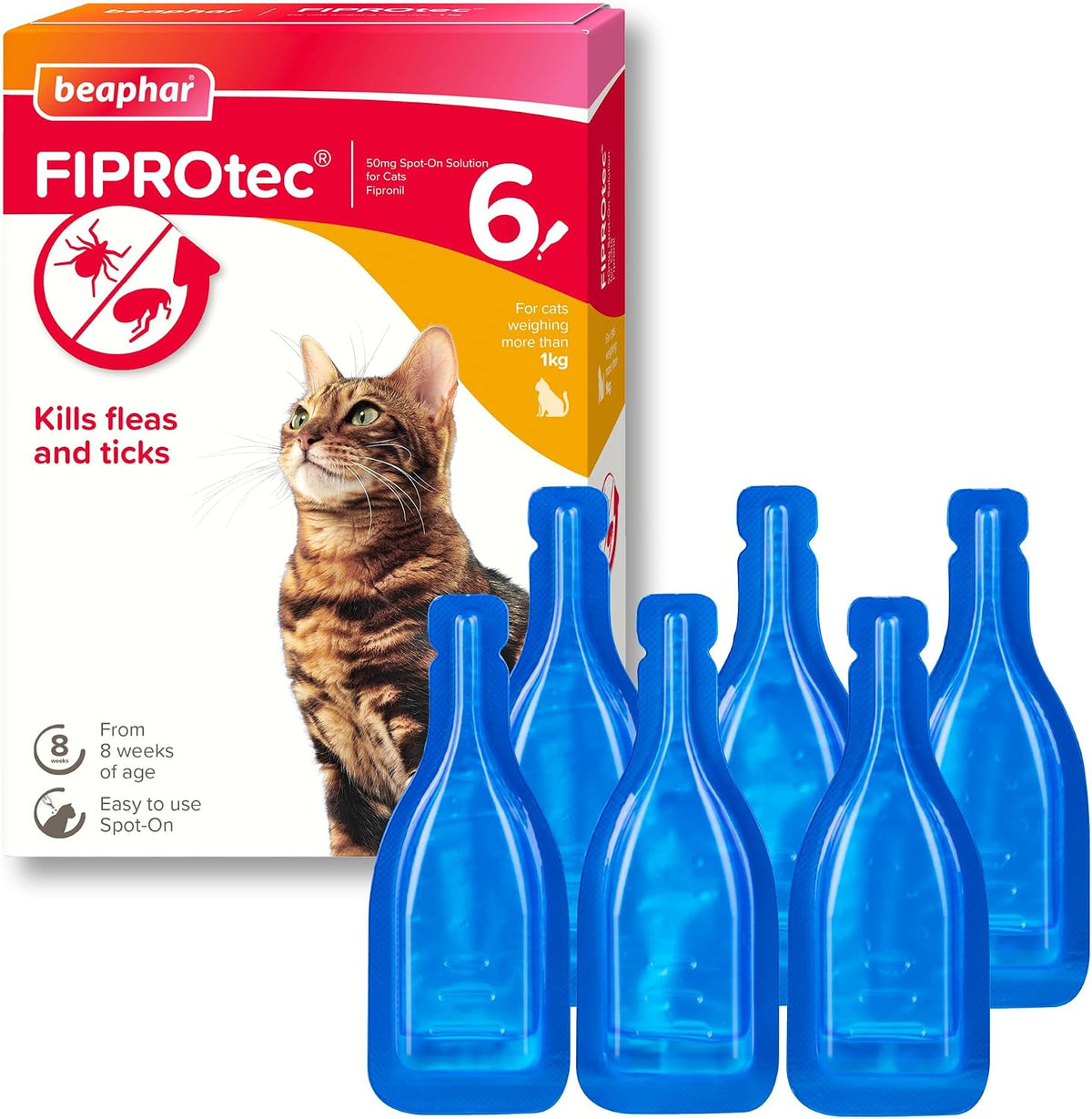 Beaphar - FIPROtec Spot-On Flea & Tick Treatment for Cats - 6 Pipettes - Kills Fleas & Ticks - Veterinary Medicine – Easy to Apply Monthly - For Cats & Kittens from 8 Weeks Old, Weighing Over 1kg