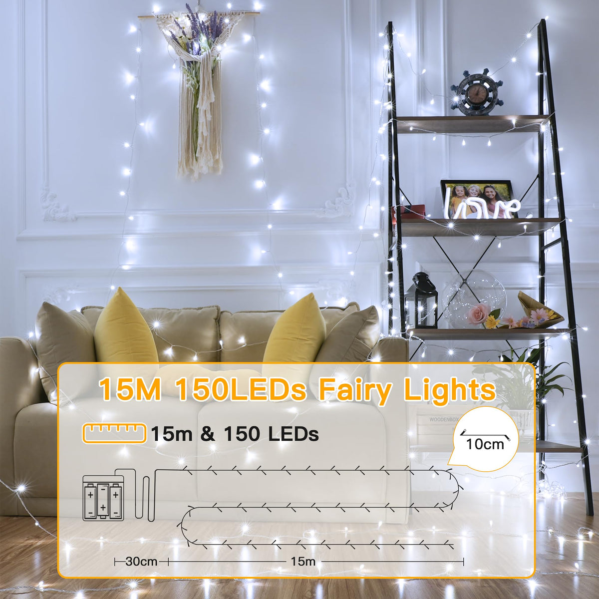 Ollny Fairy Lights Battery Operated, 10m 100 LEDs Bright Battery Powered String Lights, Cool White Outside Christmas Lights Waterproof with 8 Modes/Timer for Indoor Outdoor Bedroom Garden Decorations