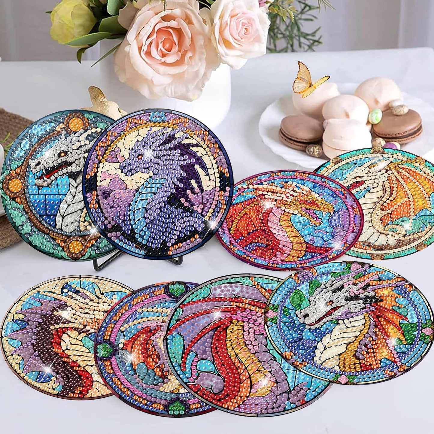 8Pcs Diamond Painting Coasters with Holder,DIY Cocktail Life Coaster Diamond Art Kits for Adults Kids,Beginners Round Full Drill Diamonds Art Craft Supplies