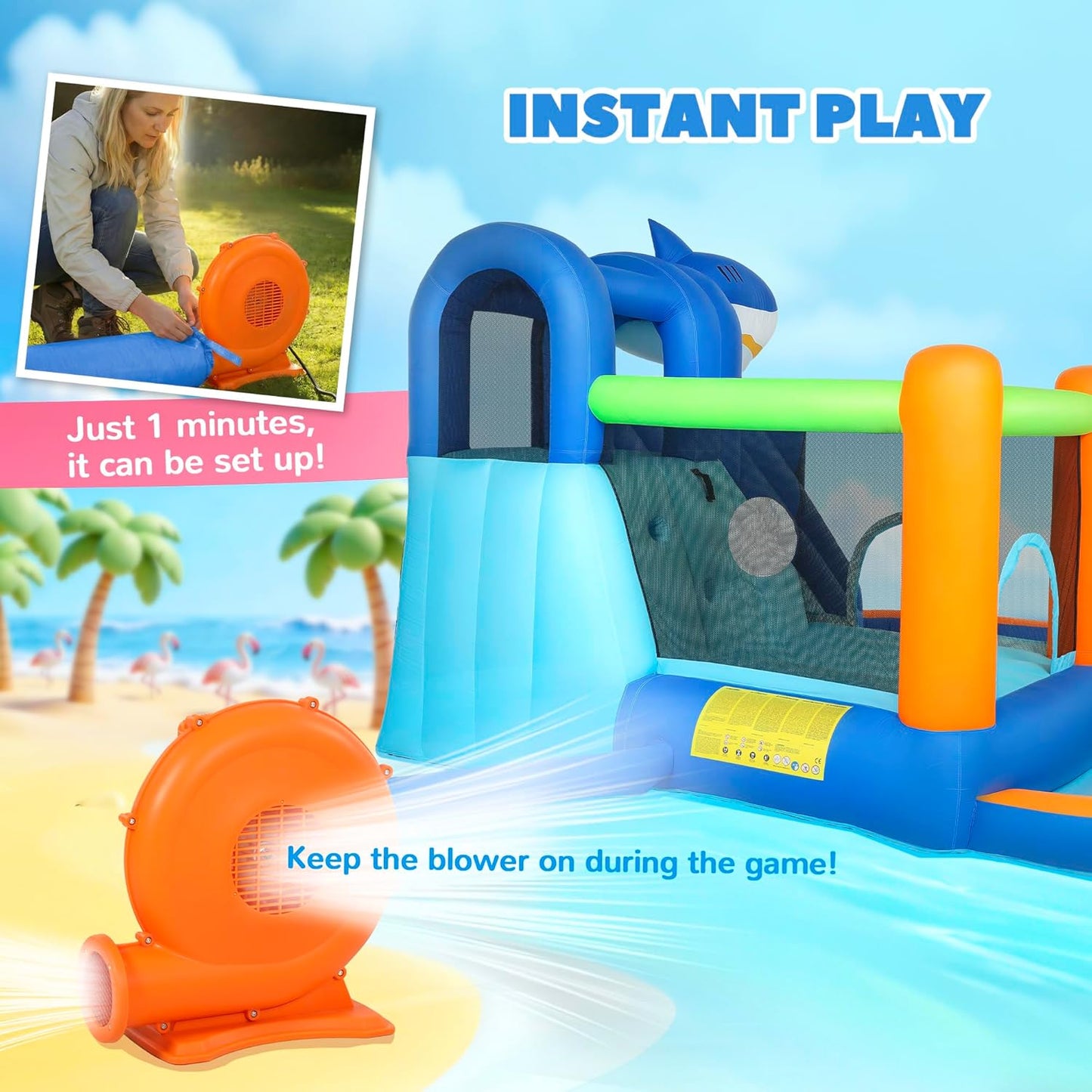 AIYAPLAY Large Inflatable Bouncy Castle for Kids, 8 in 1 Sharks Theme Jumping Bounce House with Slide, Ball Pit, Climbing Wall, Basketball Hoop and Blower for Indoor Outdoor Garden Party, Blue