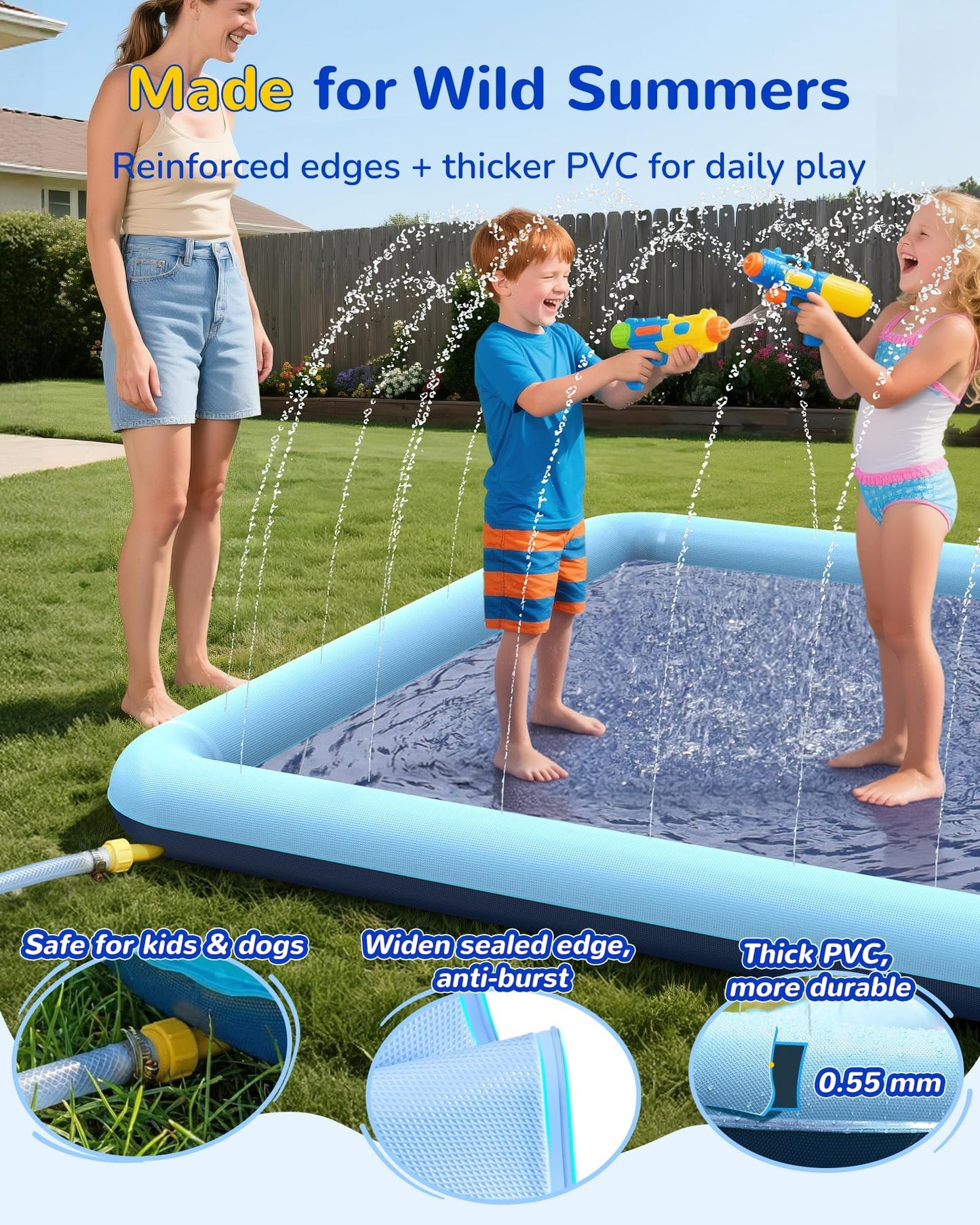 Square Splash Pad for Kids & Dogs, Non-Slip Sprinkler Water Play Mat for Kids, Reinforced Edge Outdoor Paddling Water Garden Toys Games for Kids, Pets, Beach & Backyard Summer Fun (79 inches)