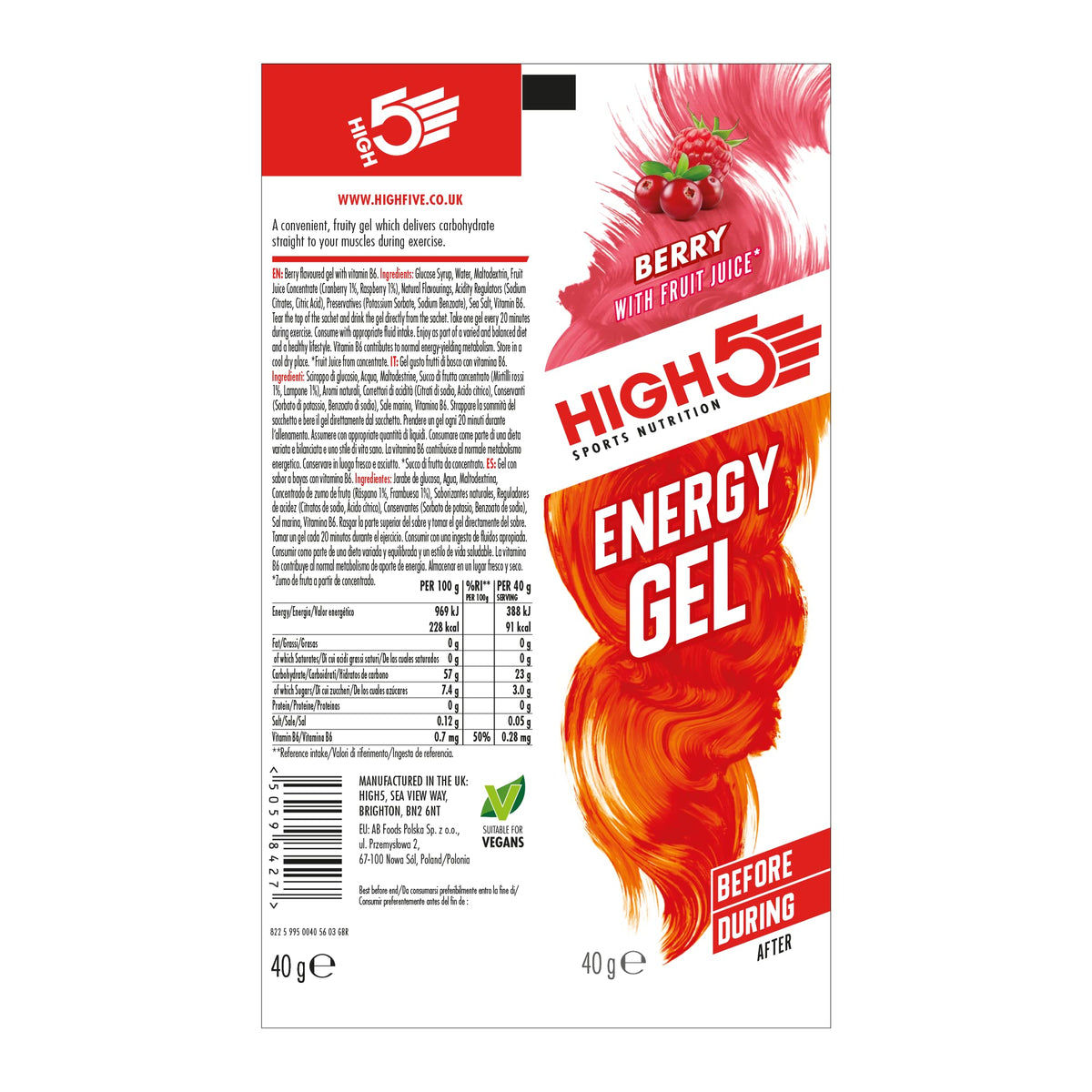 HIGH5 Energy Gels, Running Gel for Fast & Sustained Energy, Mixed, 8 x 40g
