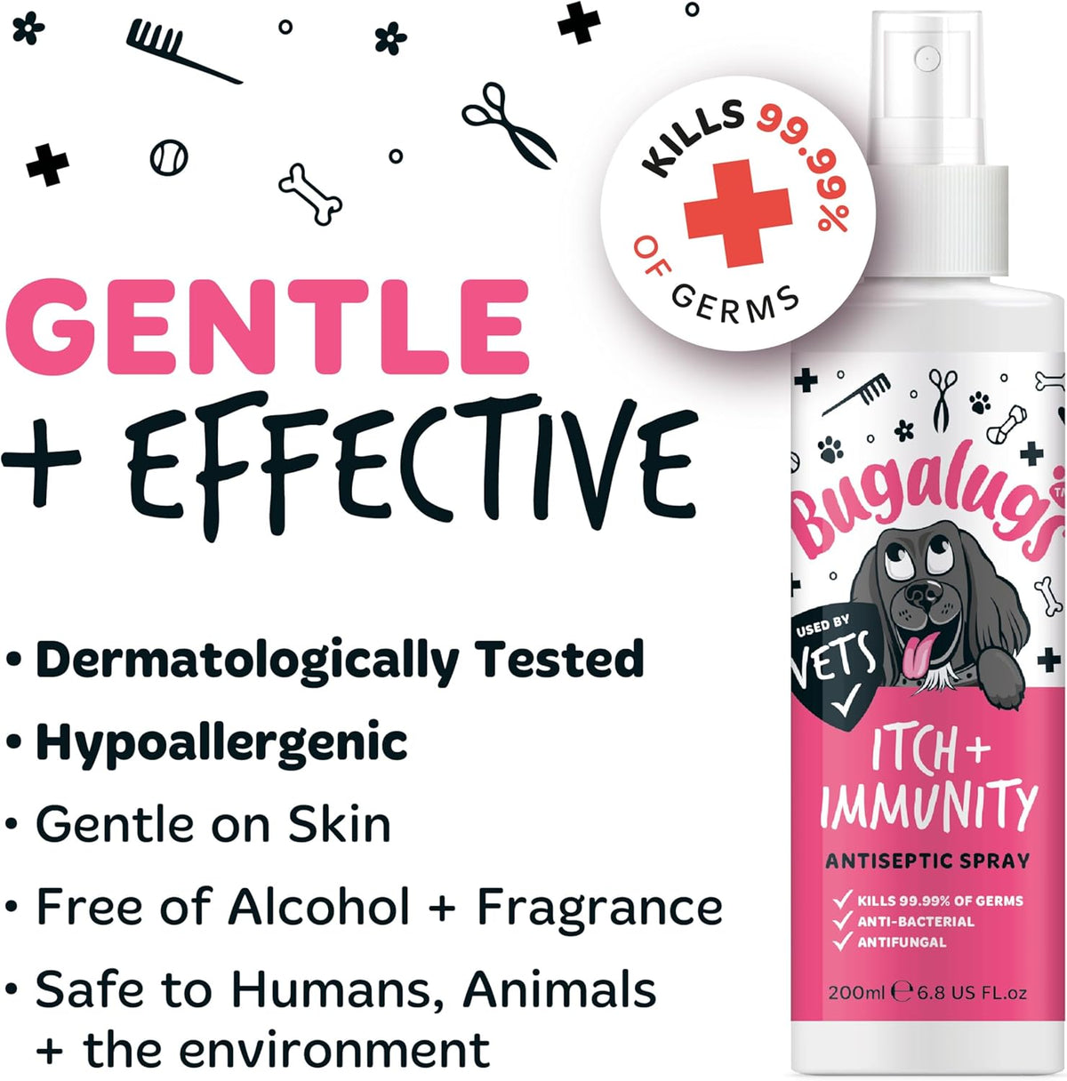 BUGALUGS Itch & Immunity Antiseptic Spray – Helps Soothe Itchy Skin, Paws, Ears - Licking, Scratching - Perfect for Small, Medium & Large Dogs