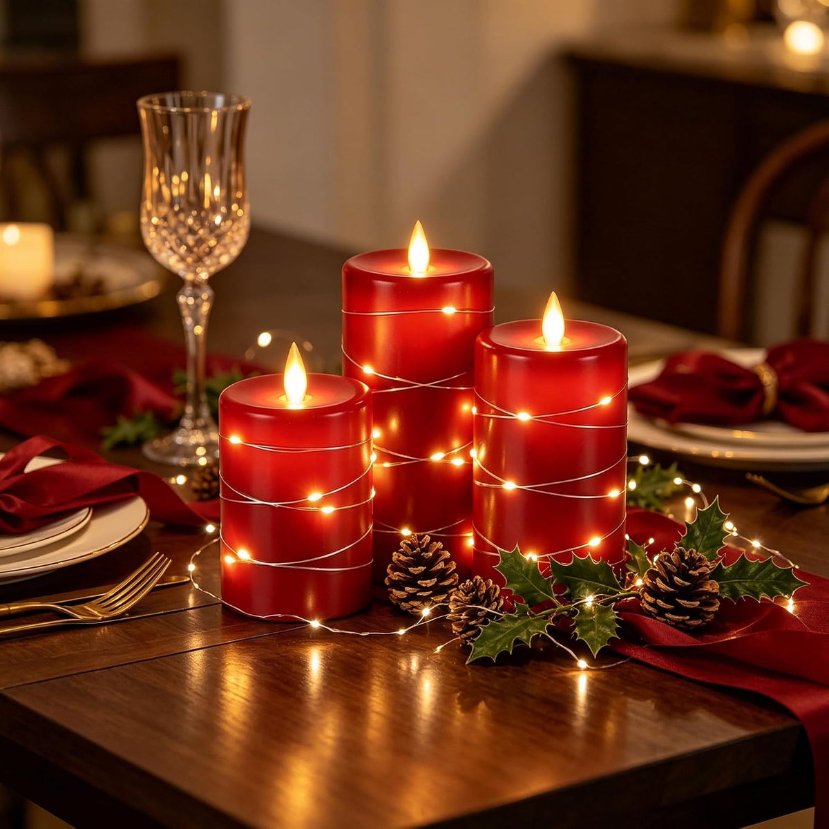 Da by 3 Pack Ivory Flameless LED Candles with Fairy Lights, Realistic Moving Flame Paraffin Wax Candles, Remote Control, Soft Warm Light, 8cm D x 12.5/14.5/16.5cm H, Indoor Wedding Home Decor