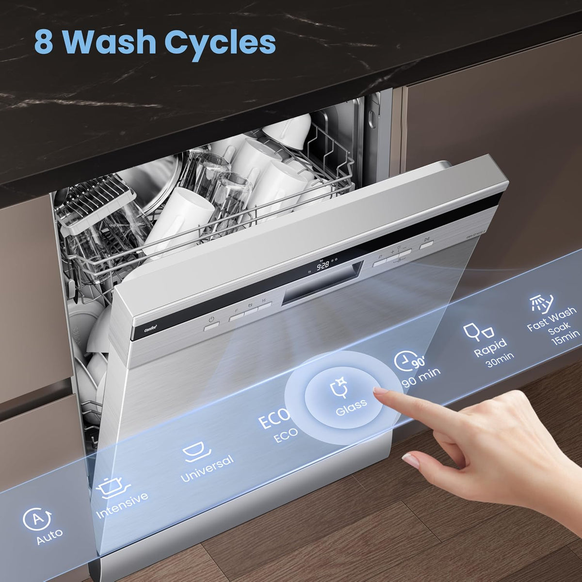 COMFEE' 60cm Freestanding Dishwasher, 14 Place Settings, Stainless Steel