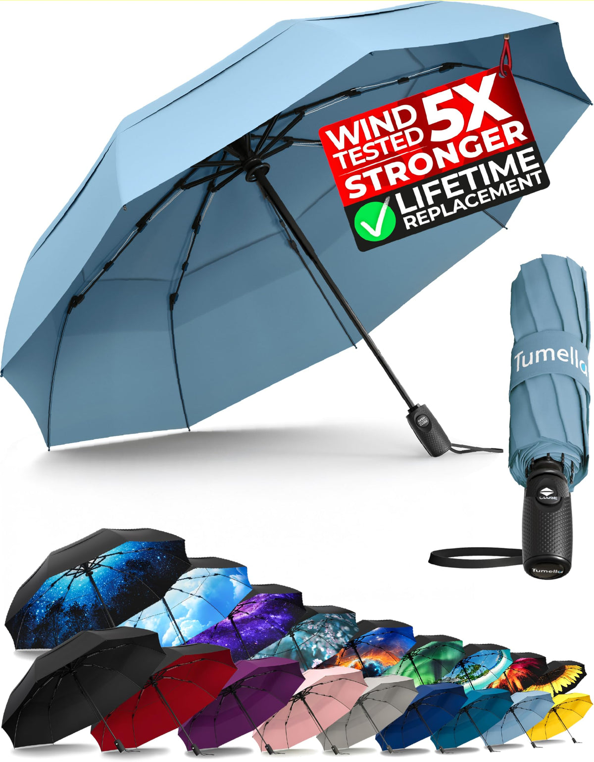 TUMELLA Strongest Windproof Travel Umbrella (Compact, 100MPH Wind-Tested)