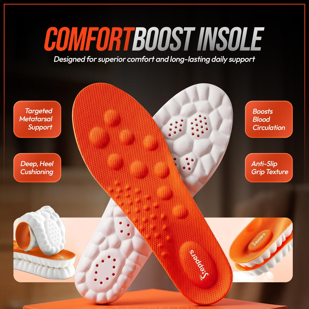 Original Steppers Insoles, 2026 4D Steppers Comfort Boosting Massage Insole, Memory Foam Thermal Insoles, Comfy Insole with Arch Support for Men and Women (Black, Small (EU 39-40))