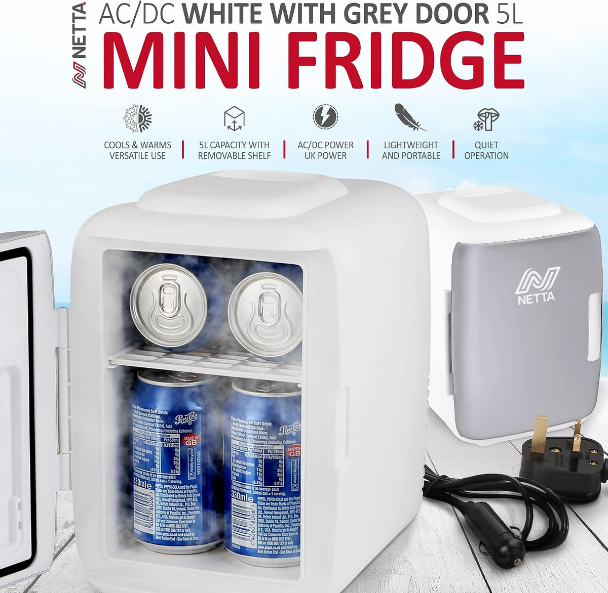 NETTA 5L Mini Fridge - Portable Small Fridge for Drinks, Snacks, Skincare - For Bedroom, Student Dormitory, Office With Cooling And Warming Function - AC/DC Portable – White