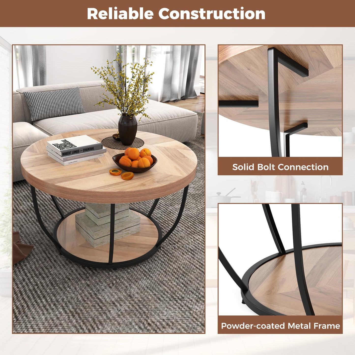 COSTWAY 2-Tier Round Coffee Table with Storage Shelf, Metal Frame Industrial Accent Cocktail Center Unit Sofa Side Tea Table for Living Room, Bedroom and Office, 80x80x45cm (Rustic Brown+Black)