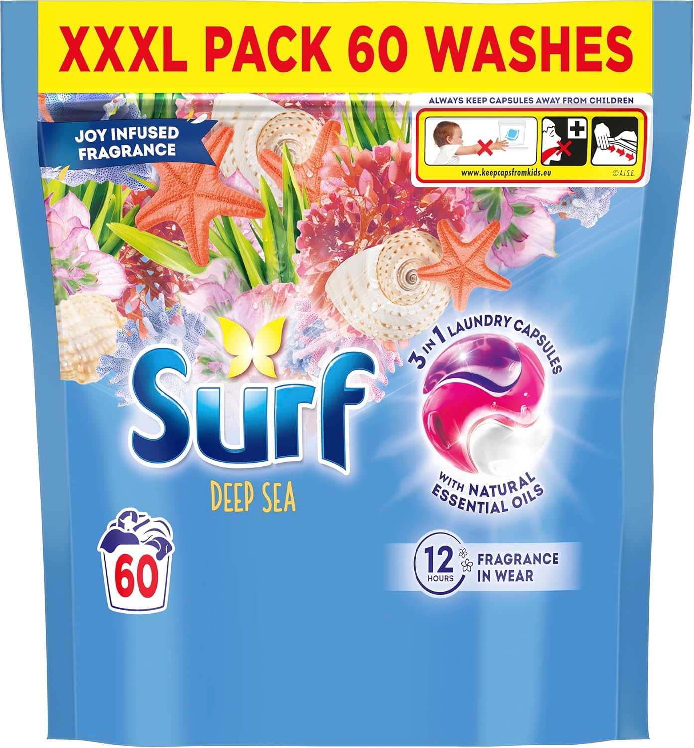 Surf 3 in 1 Deep Sea Laundry Washing Detergent Capsules joy-infused fragrance with natural essential oils lasting up to 12 hours in wear for brilliantly clean results 60 washes