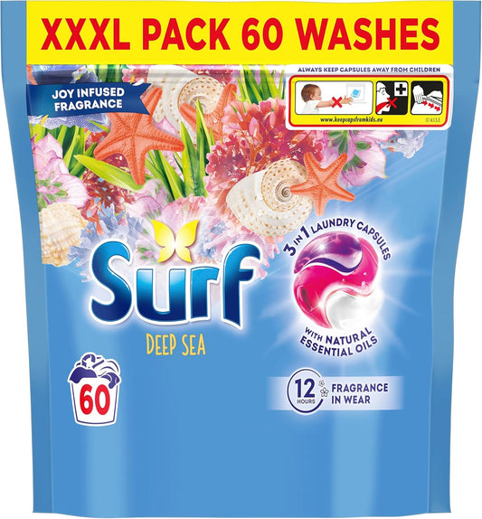 Surf 3 in 1 Deep Sea Laundry Washing Detergent Capsules joy-infused fragrance with natural essential oils lasting up to 12 hours in wear for brilliantly clean results 60 washes