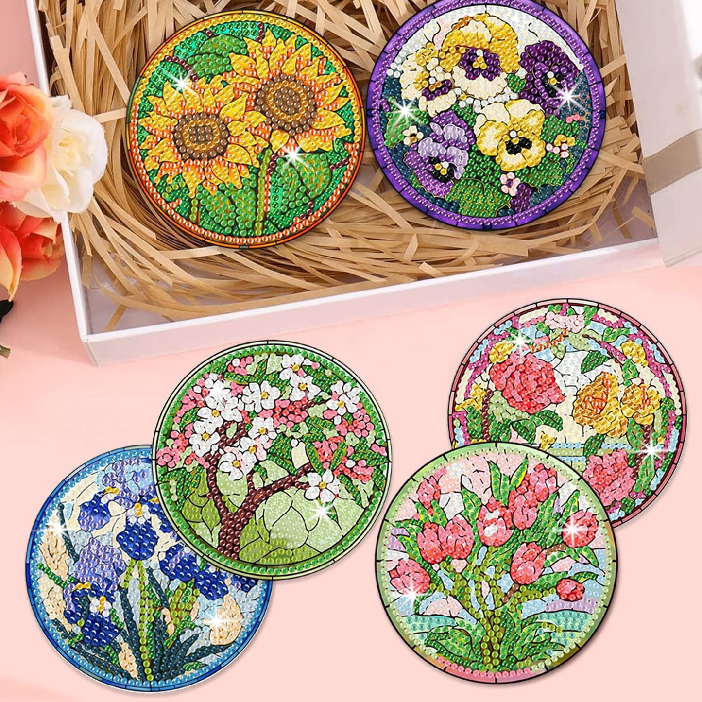 8 Pcs Flowers Diamond Art Coasters Kits for Adults Begainners,Full Drill Diamond Painting Coasters Kit with Holder,DIY Gem Painting Craft Kits for Adults Supplies Gift (Flowers).