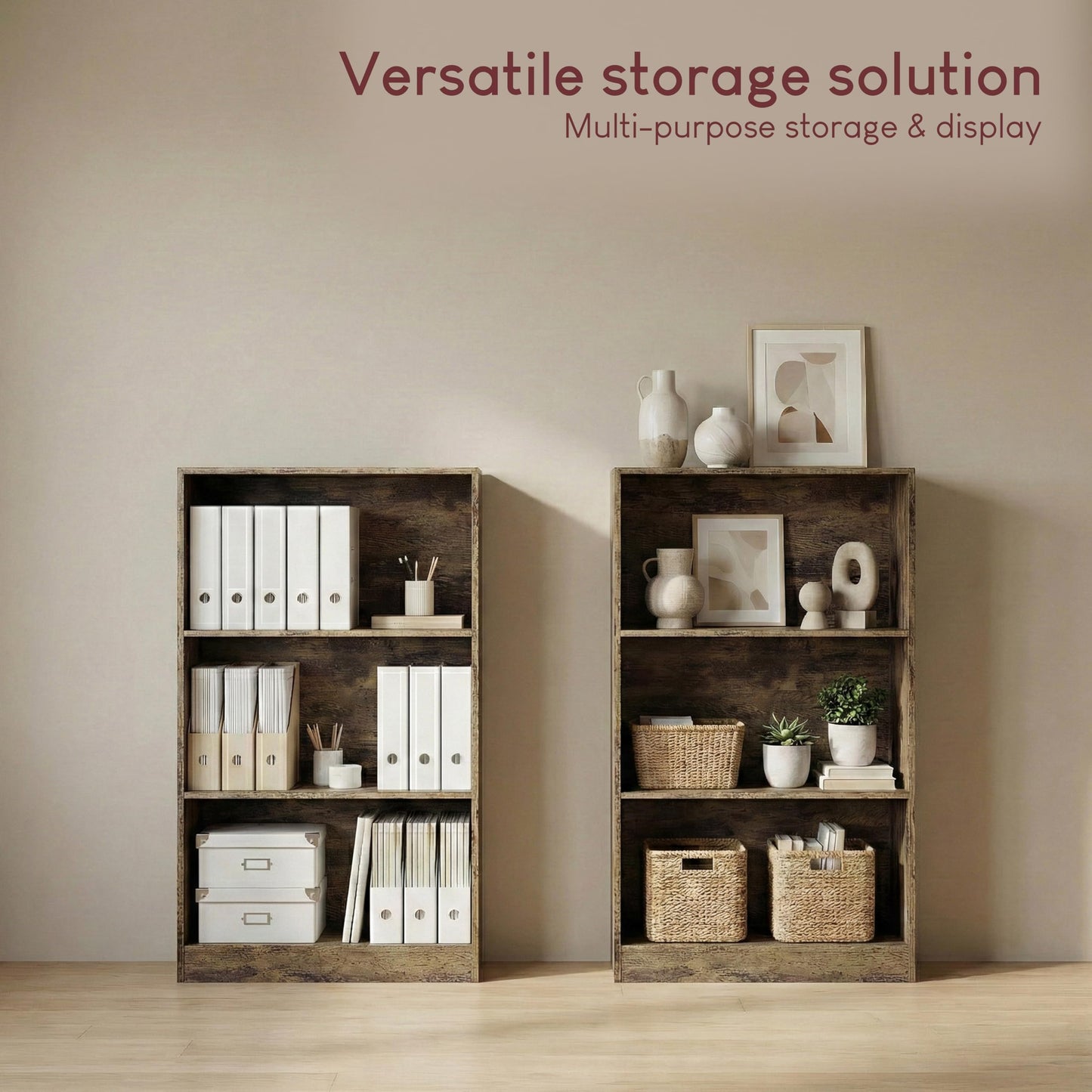Vida Designs Cambridge 3 Tier Low Bookcase, White Wooden Shelving Display Storage Unit Office Living Room Furniture