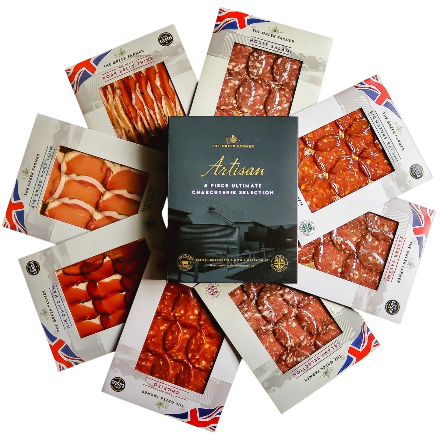 The Greek Farmer Signature 8 Piece Charcuterie Collection | Cured Meats & Cold Cuts | Artisan Charcuterie Gift | British Free-Range Pork | 5-Star Great Taste Award | Ideal Foodie Gift & Savoury Hamper