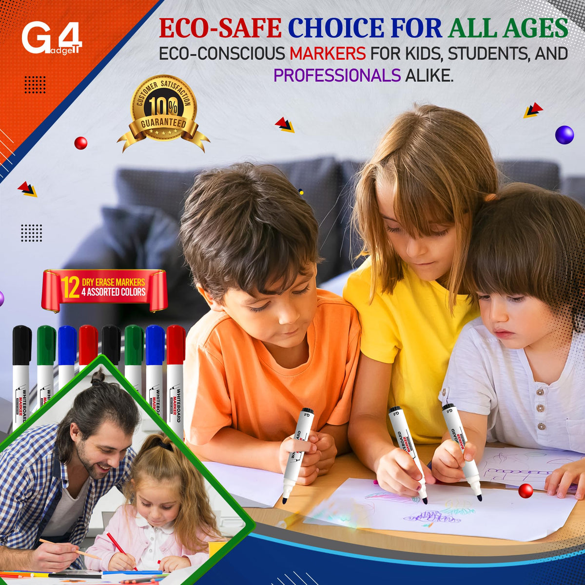 G4GADGET Nice Style Pack of 10 Non-Toxic Ink Black Colour Whiteboard Dry Wipe Marker Pens Bullet Tip