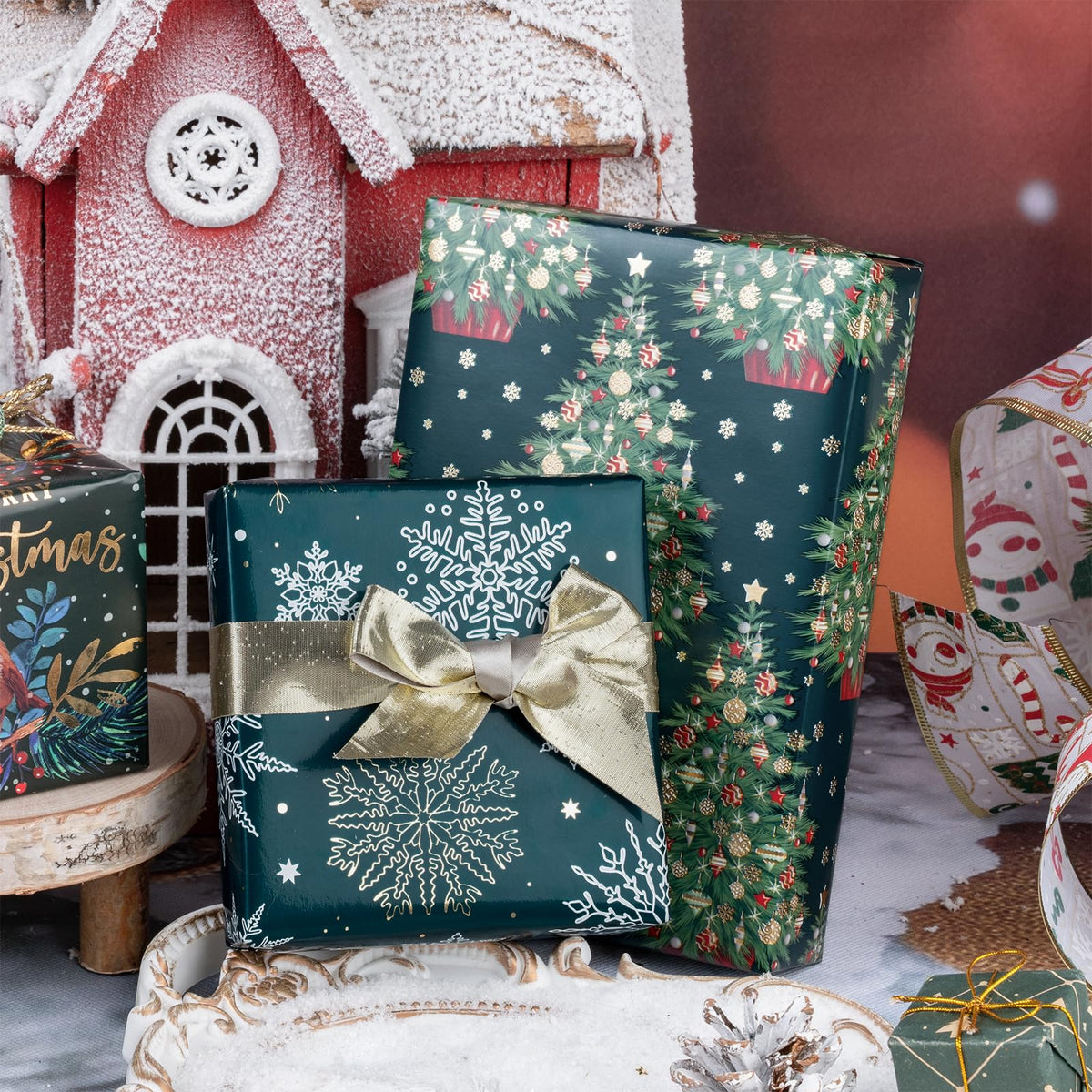 RUSPEPA Christmas Wrapping Paper Roll - Mini Roll - 3 Rolls - 43.2cm x 3m Per Roll - Bird, Christmas Garland, Holly and Pinecones Holiday Design with Metallic Foil Shine