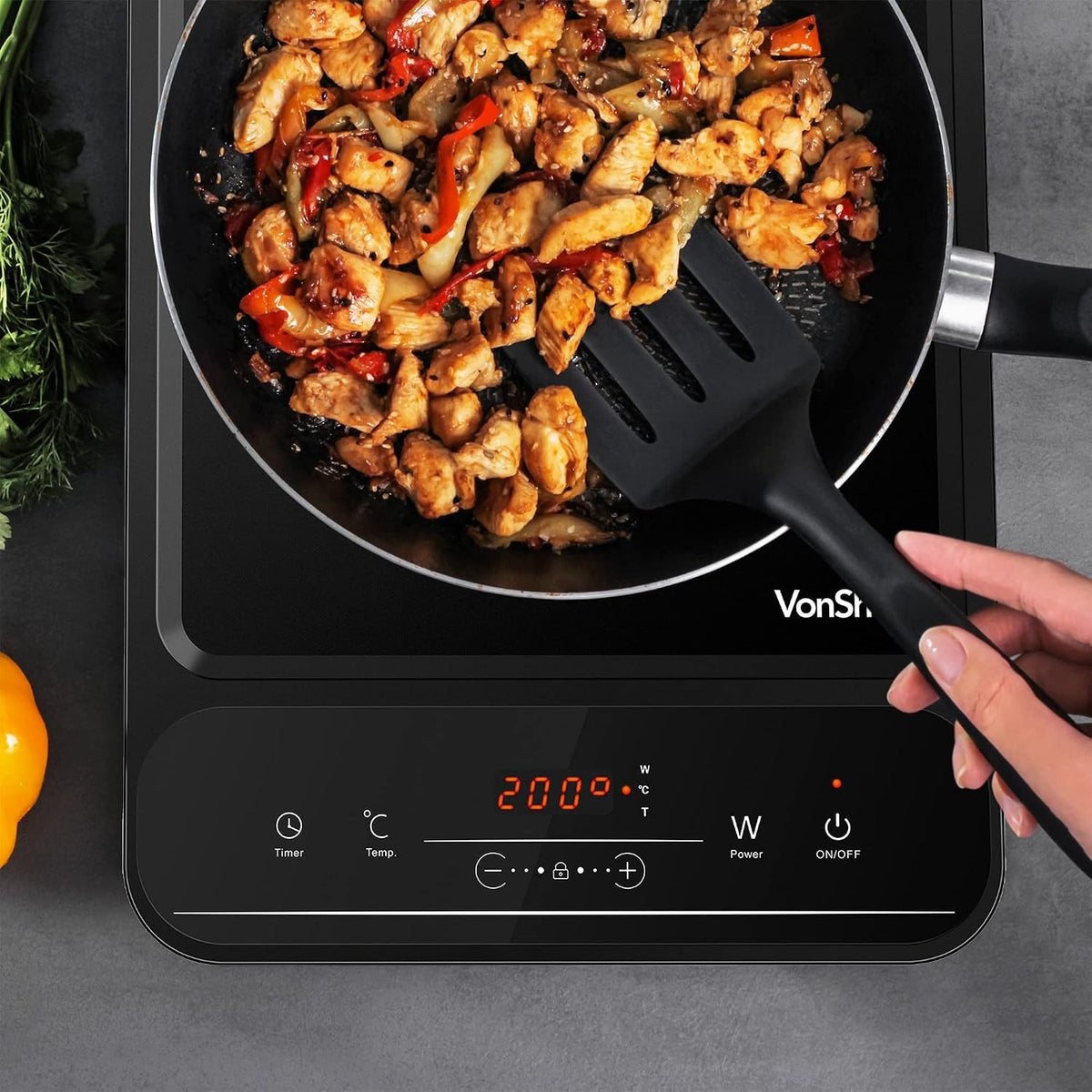 VonShef Single Induction Hob – 2000W Portable Induction Cooker w/LED Touch Display, 3 Hour Timer, 10 Heat Settings 60-240°C, Safety Lock - Black