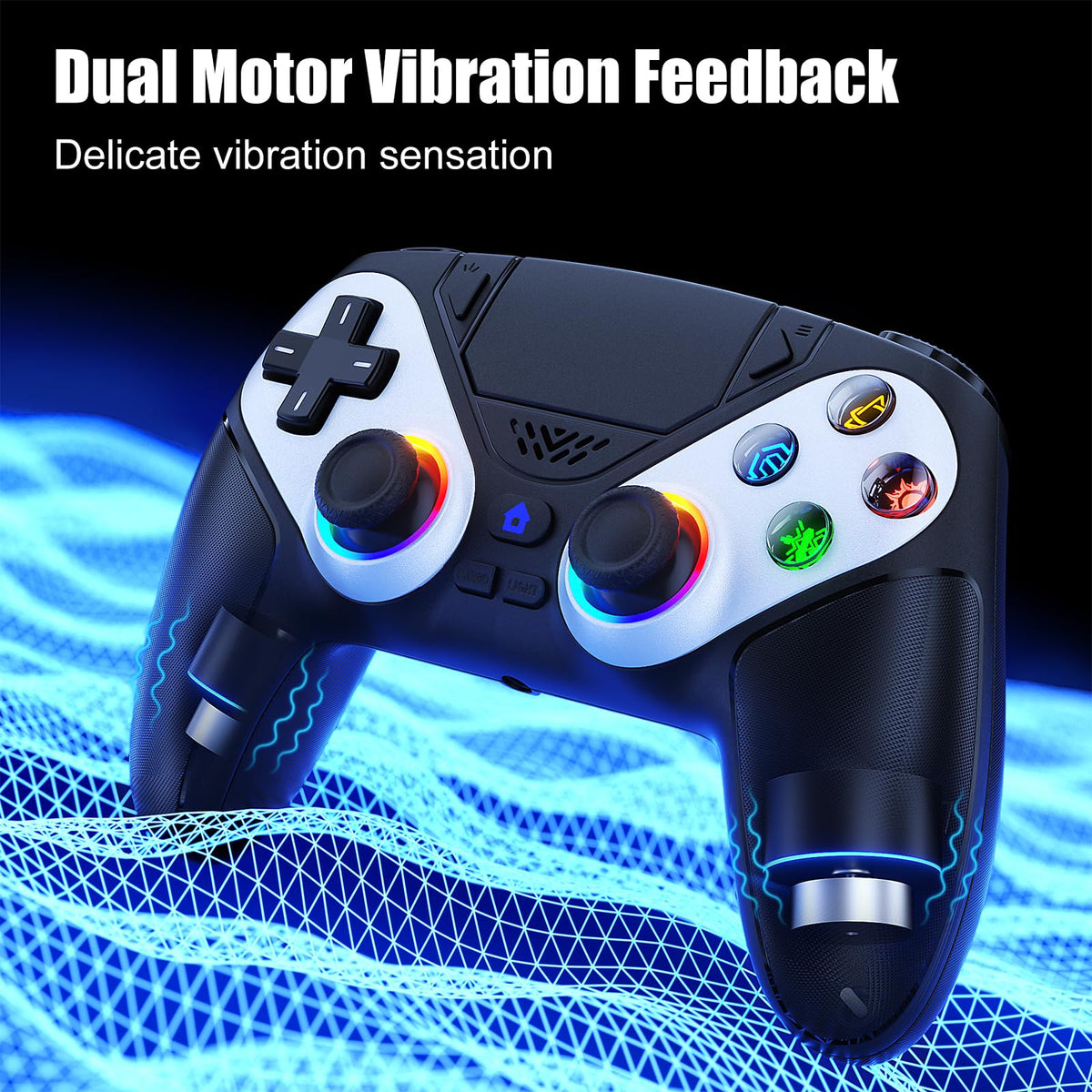 Dinosoo RGB Wireless Controller for PS5/Pro/Slim & PCs, Bluetooth Gamepad with Back Buttons, Touchpad, Macro, Turbo, Dual Vibration, 6-Axis Sensor, Speaker, 3.5mm Audio Jack,White