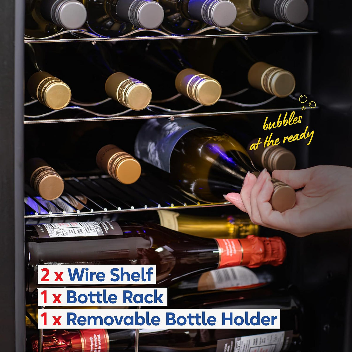 Russell Hobbs 20 Bottle 62L Mirrored Door Wine Cooler Freestanding Beverage Drinks Fridge, LED Light with Touch Control, Digital Display, Adjustable Shelves, Glass Door RH20WC201MR