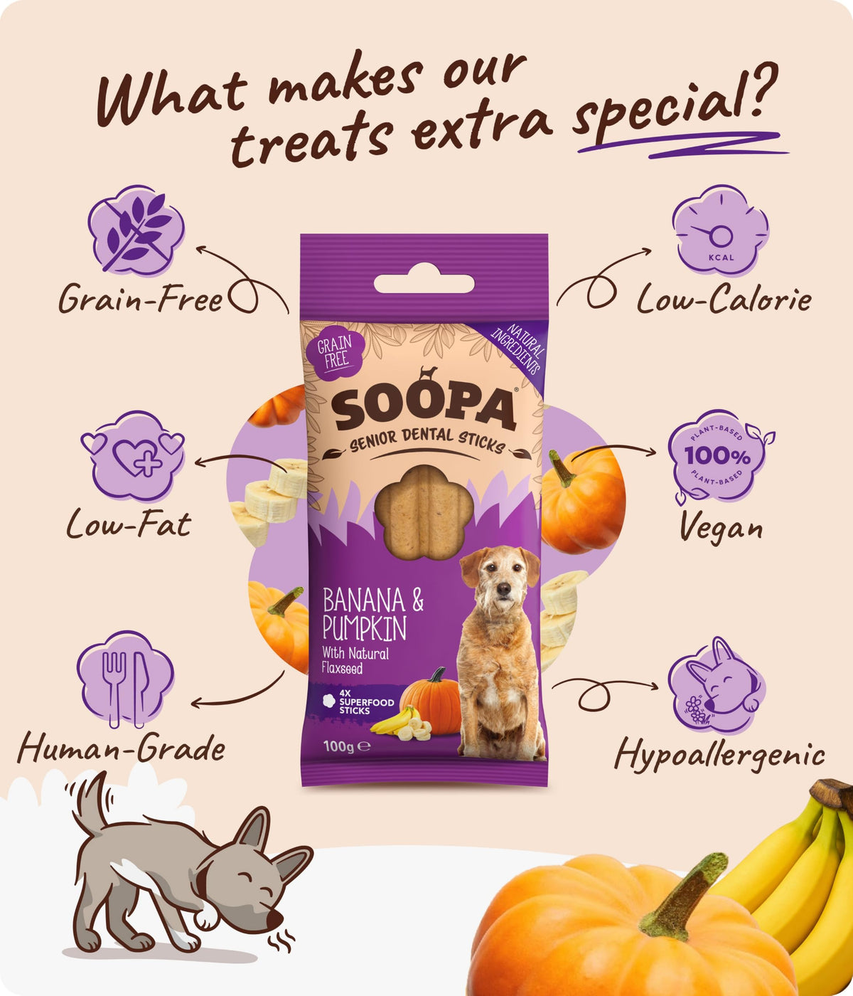 Soopa Carrot & Pumpkin Dog Dental Sticks, Chews to Clean Teeth, 100 g, 1-Pk