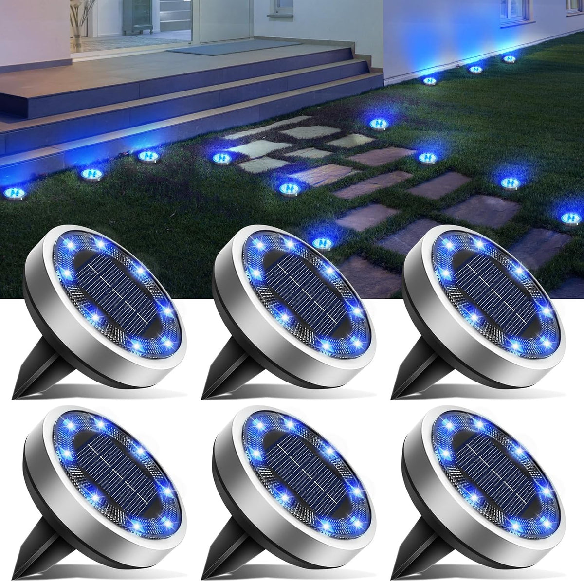 btfarm Solar Lights Outdoor Garden, 6 Pack 8 LED Solar Ground Disk Lights Outdoor IP65 Waterproof for Garden Pathway Lawn Patio Yard Landscape (Blue)