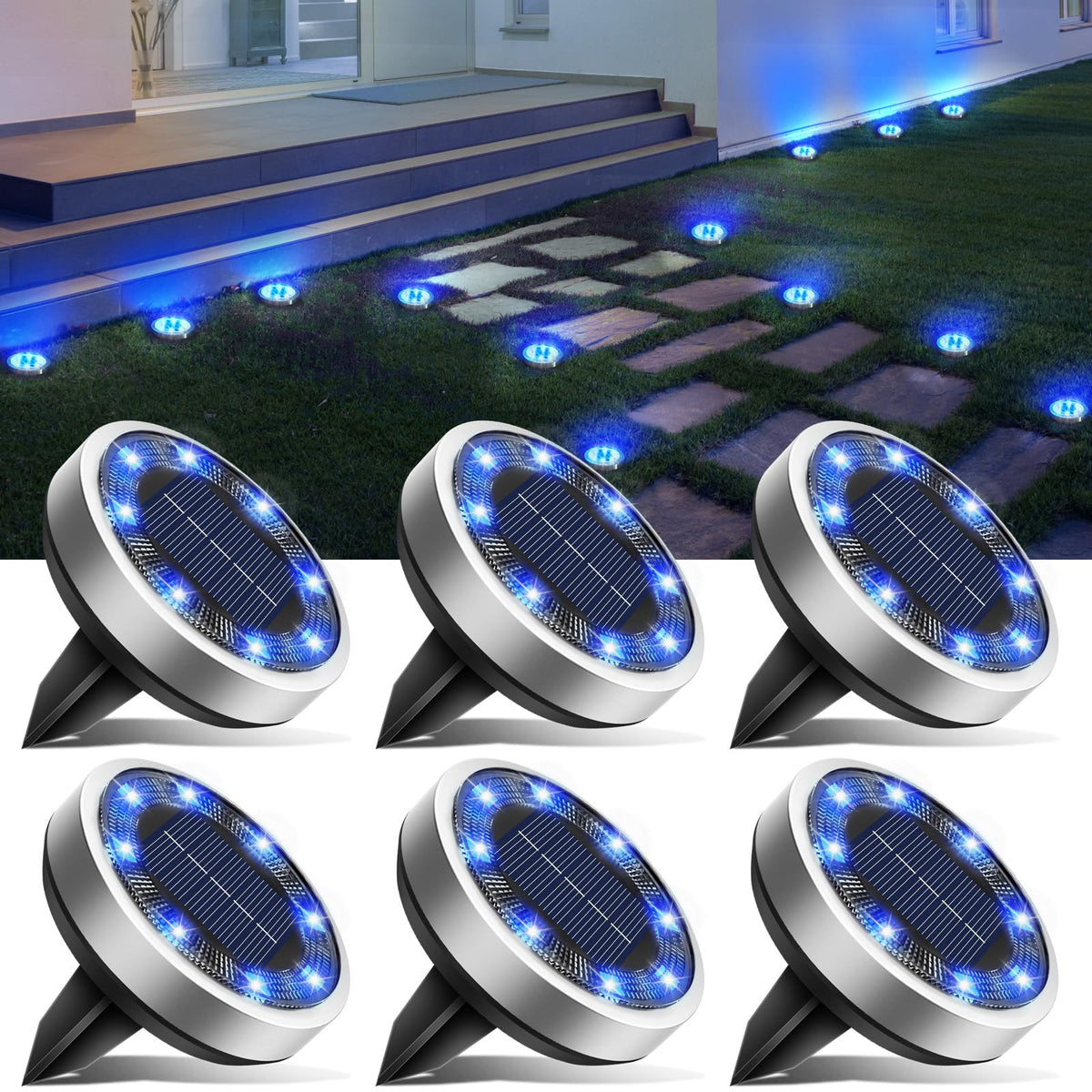 btfarm Solar Lights Outdoor Garden, 6 Pack 8 LED Solar Ground Disk Lights Outdoor IP65 Waterproof for Garden Pathway Lawn Patio Yard Landscape (Blue)