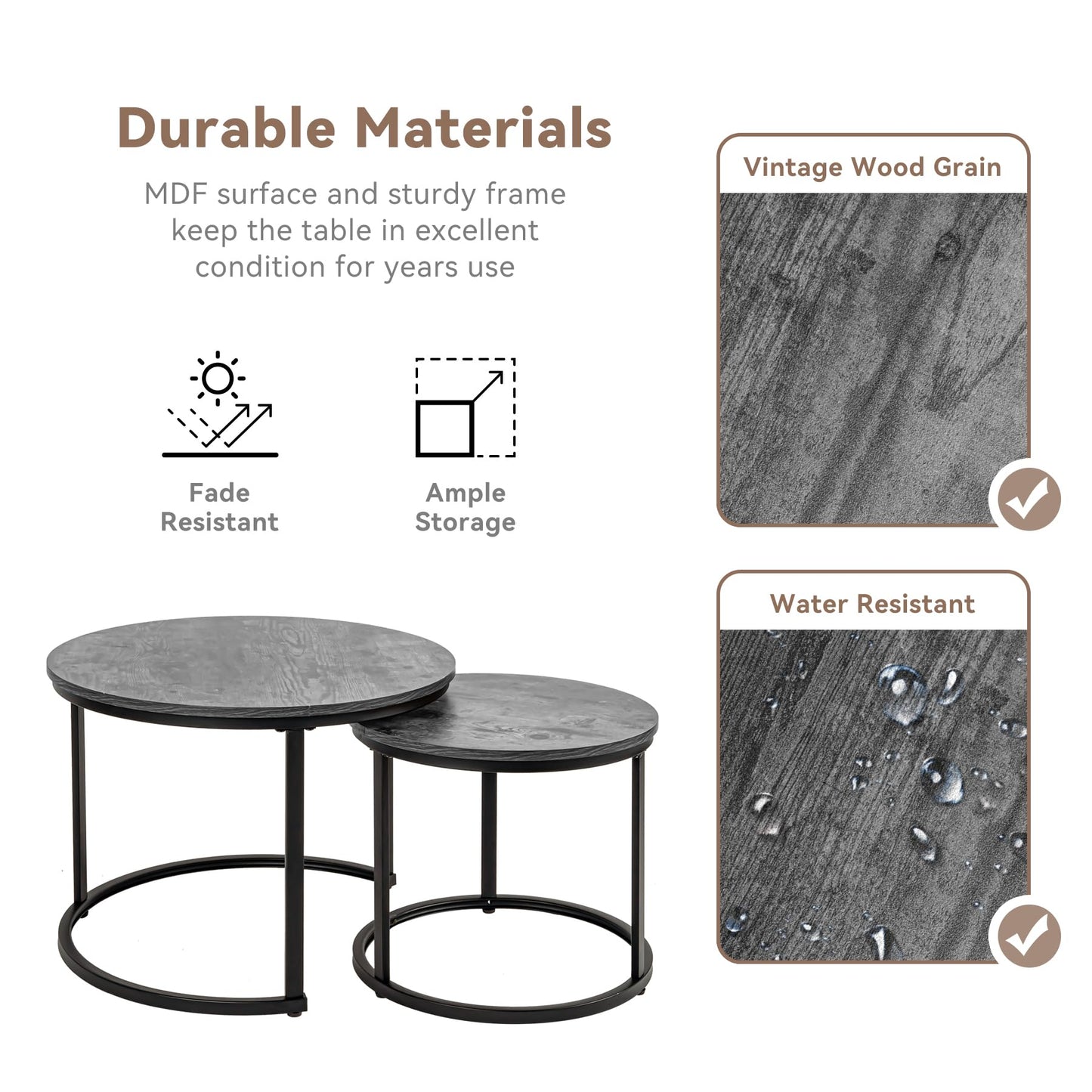 Hawthyhome Coffee Tables, Round Nesting Tables Tet of 2, Modern Side Tables with Metal Frame, Industrial Stacking End Tables for Living Room Bedroom Office, 60 * 60 * 45cm, Brown
