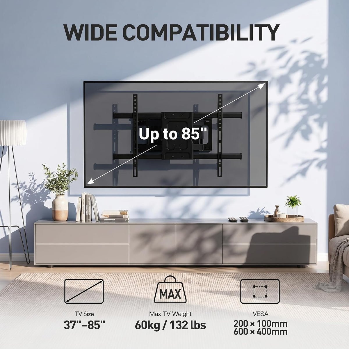 PERLESMITH TV Wall Bracket, for 37-85 Inch TVs 60kg, Max VESA 600x400mm