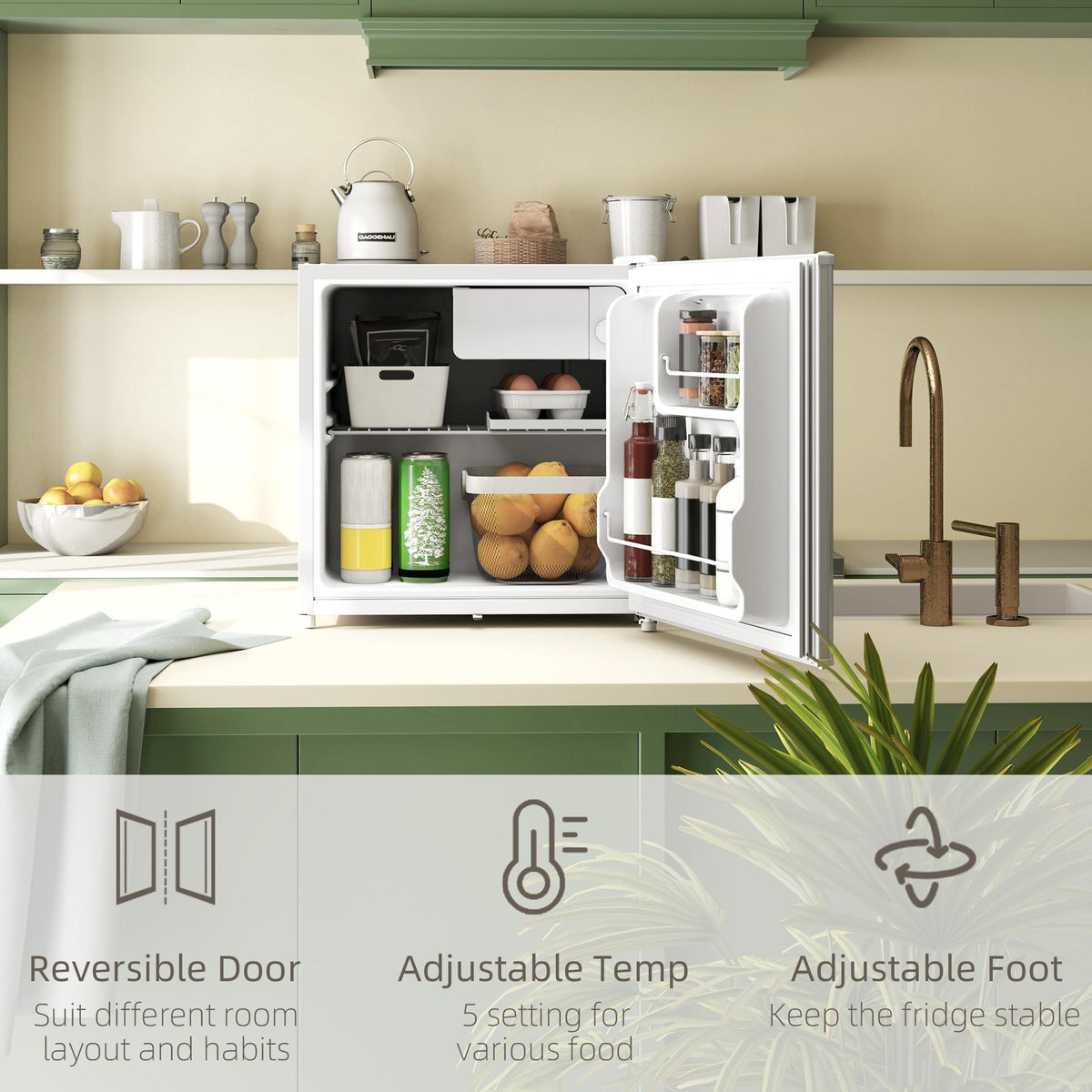 HOMCOM 46L Table Top Mini Fridge with Ice Box, Reversible Door, Cream