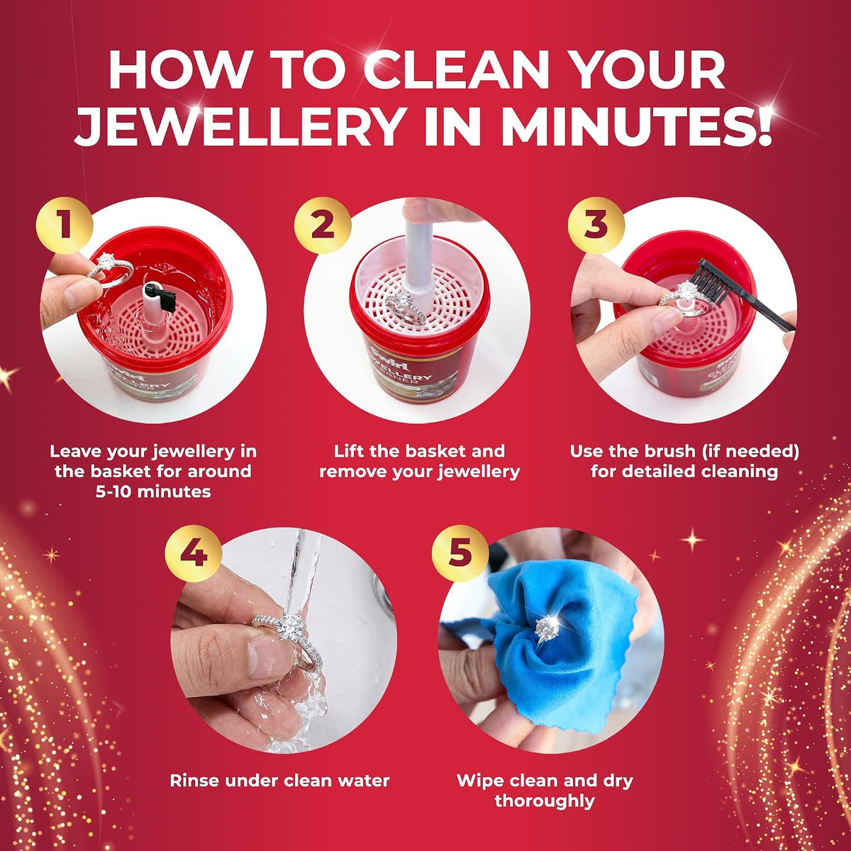 Swirl Liquid Jewellery Cleaner with Basket for Silver, Gold, Platinum, Gemstones & Diamonds | Clean and Shines (145ml)