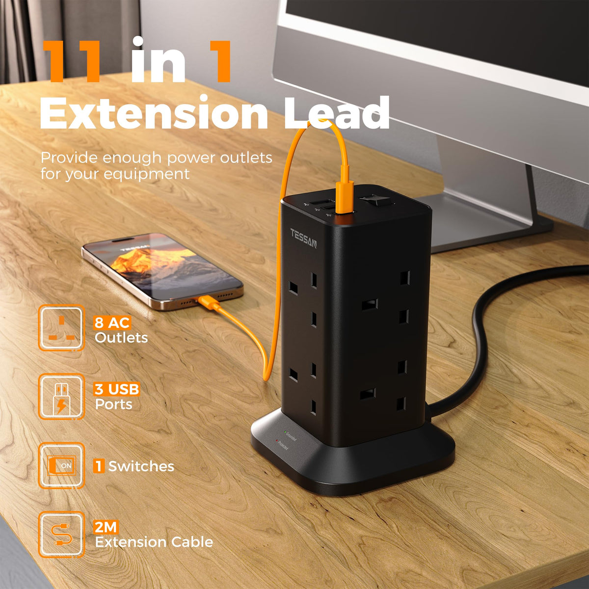 TESSAN Tower Extension Lead with USB C Slots