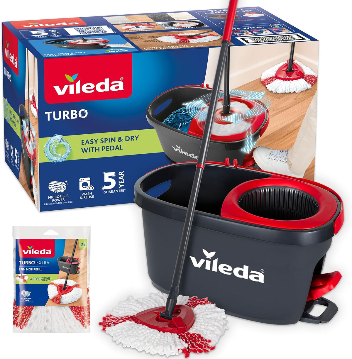 Vileda Turbo 2in1 Spin Mop & Bucket Set with Foot Pedal and Extra Refill
