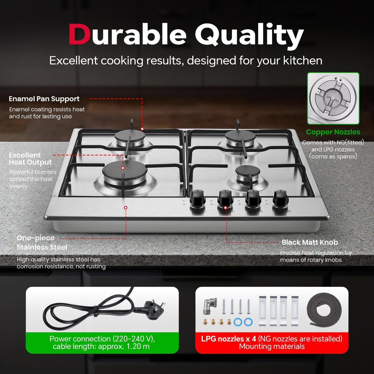 SNDOAS Gas Hob 4 Burners, NG/LPG Convertible, Built-in Black Glass Gas Hob with Wok Burner, Flame Failure Protection, 8000W, YYUKGCT-B04