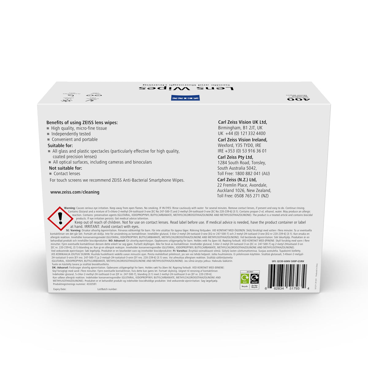 ZEISS Sunglasses Wipes, Removes Fingerprints, Suncream, Dirt, Dust & Oil. Individually Packed Pre-Moistened Wipes Perfect to use at Home or On-The-Go. Fast-Drying and Portable. 8 Packs x 10 Wipes