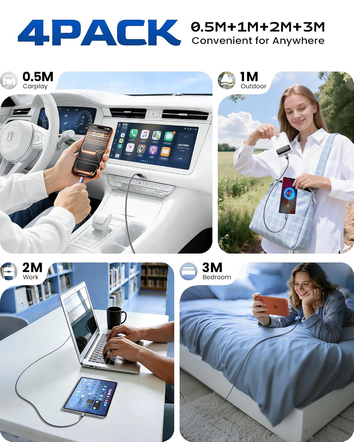 RAVIAD USB C Charger Cable [4Pack 0.5M+1M+2M+3M] USB to USB C Cable 3A Fast
