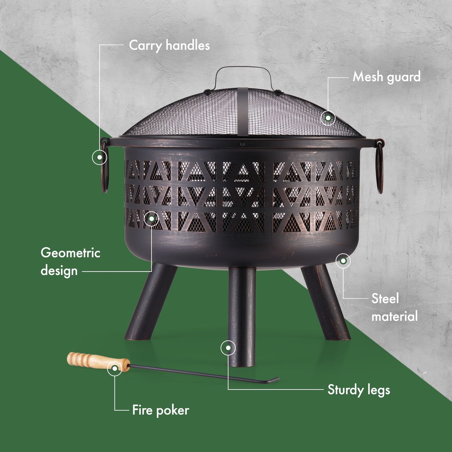VonHaus Fire Pit – Firepit for Outdoor, Garden, Patio – Portable, Lightweight with Geometric Design, Brown Bronzed Steel, Fire Poker & Mesh Guard Included, Carry Handles – Use Wood or Charcoal to Fuel