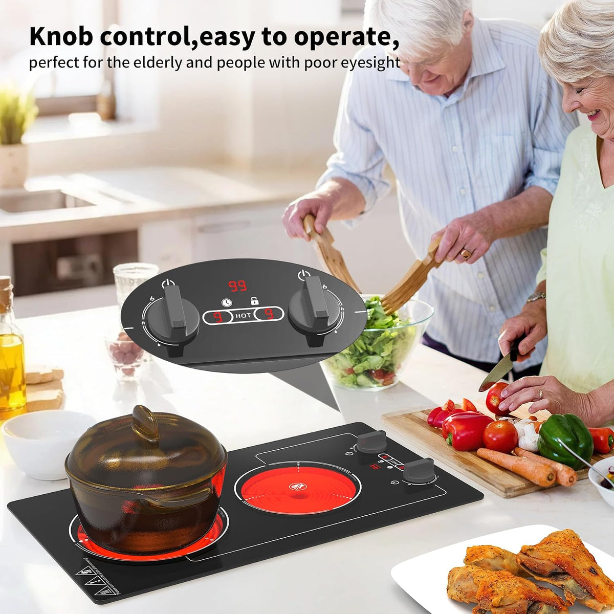VBGK 2 Ring Electric Hob with Knob, 220V 3000W Double Ceramic Hob, 9 Power Levels, Kids Lock & Timer, Hot Surface Indicator, Overheat Protection, Knob and Touch Control Double Electric Hob
