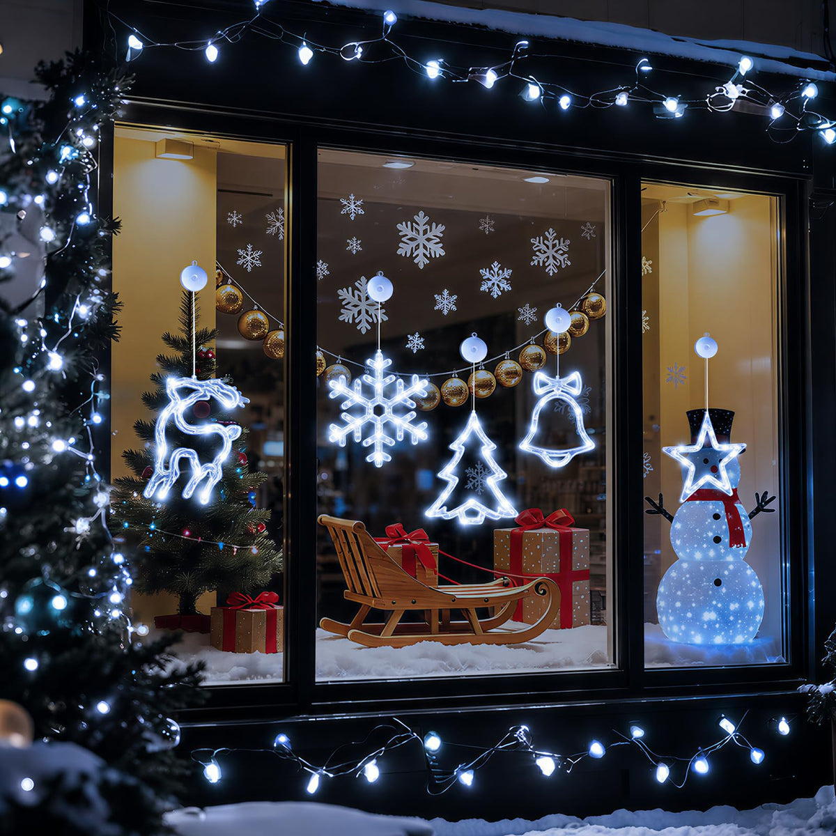 LYUBASA 5Pack Christmas Window Lights Decorations with Timer,Battery Powered Christmas Hanging White Lighted Snowflake Shaped LED Sucker for Xmas Tree Fireplace Indoor Decor