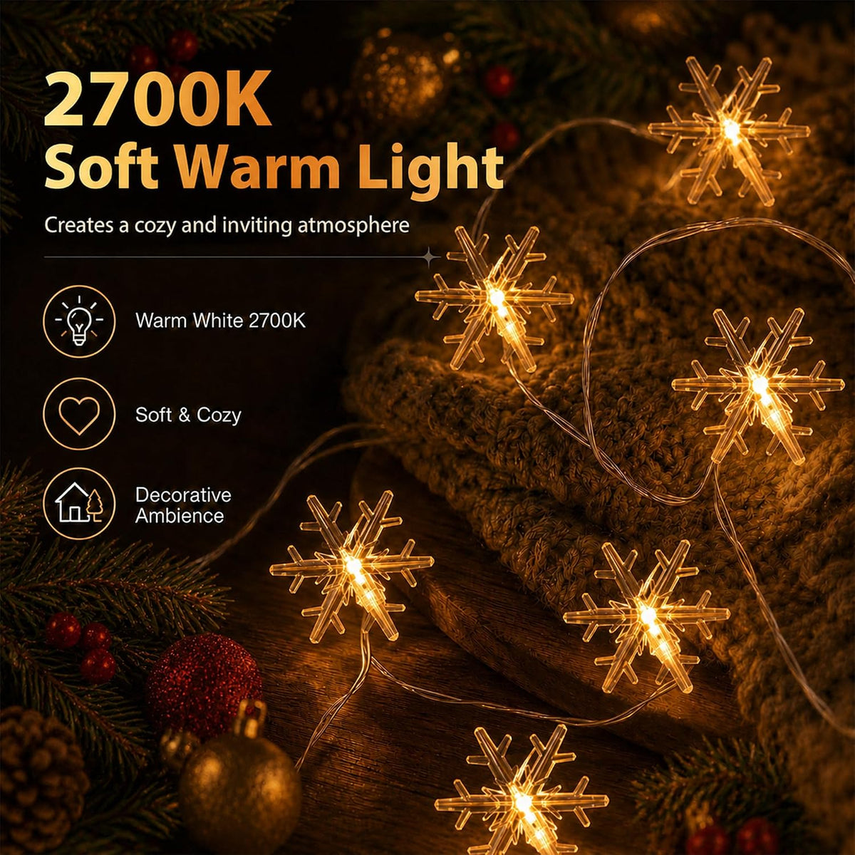 Fulighture Fairy Lights Battery Operated: 5m 16ft 40LED Snowflake