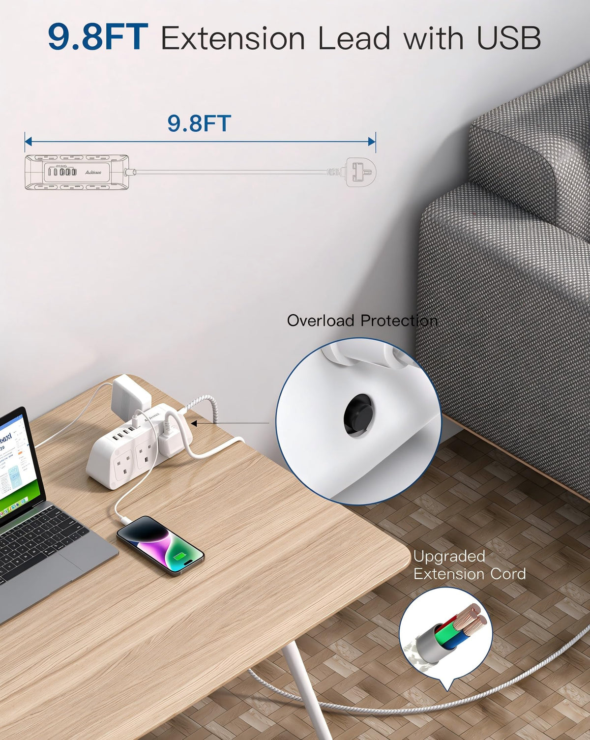 Addtam Extension Lead with USB Slots, 6 Way Outlets 5 USB(5A, 3USB- C Port)