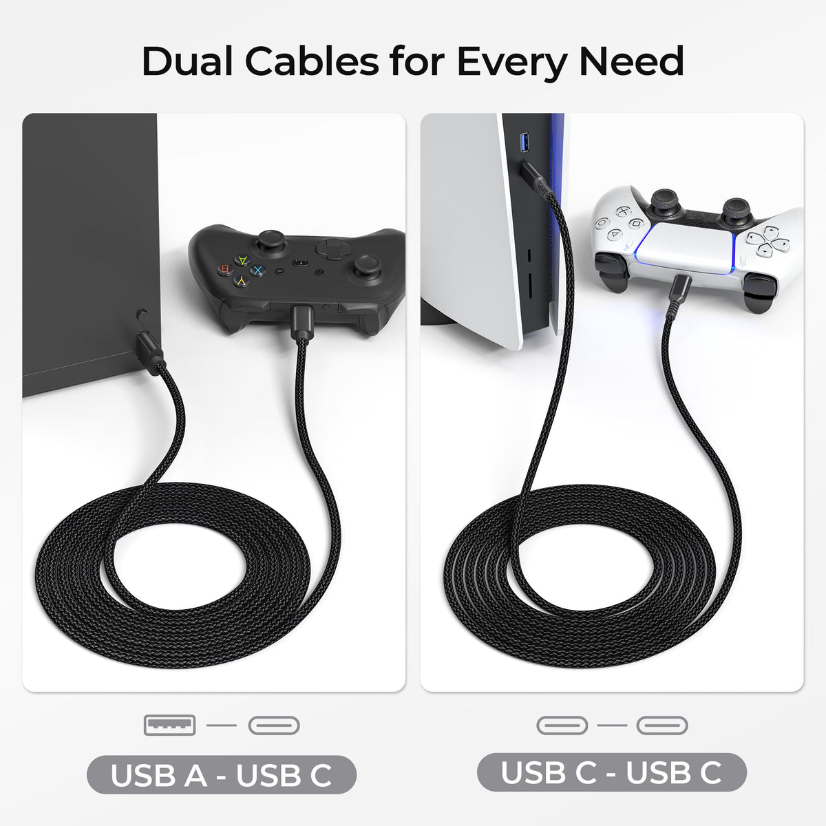 BASESAILOR Charger Cord for PS5/PS5 Pro Controller,Xbox Series X/S 2M 2Pack