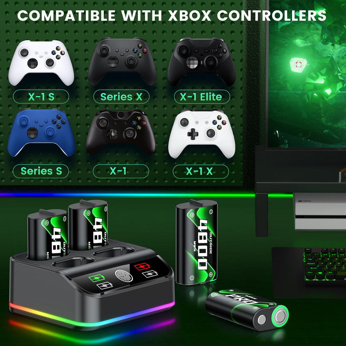 Rechargeable Battery Pack for Xbox One/Series Controller, 4x6200mWh Battery Pack with Charger/Cooling RGB/25H Playtime, Compatible with Xbox One/S/X/Elite 1, Series S/X Controller