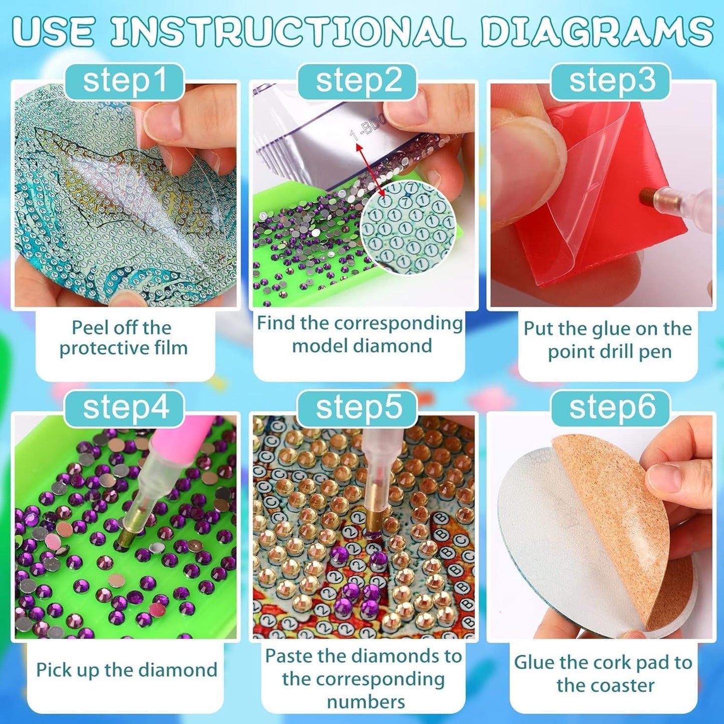 8Pcs Diamond Painting Coasters with Holder,DIY Cocktail Life Coaster Diamond Art Kits for Adults Kids,Beginners Round Full Drill Diamonds Art Craft Supplies