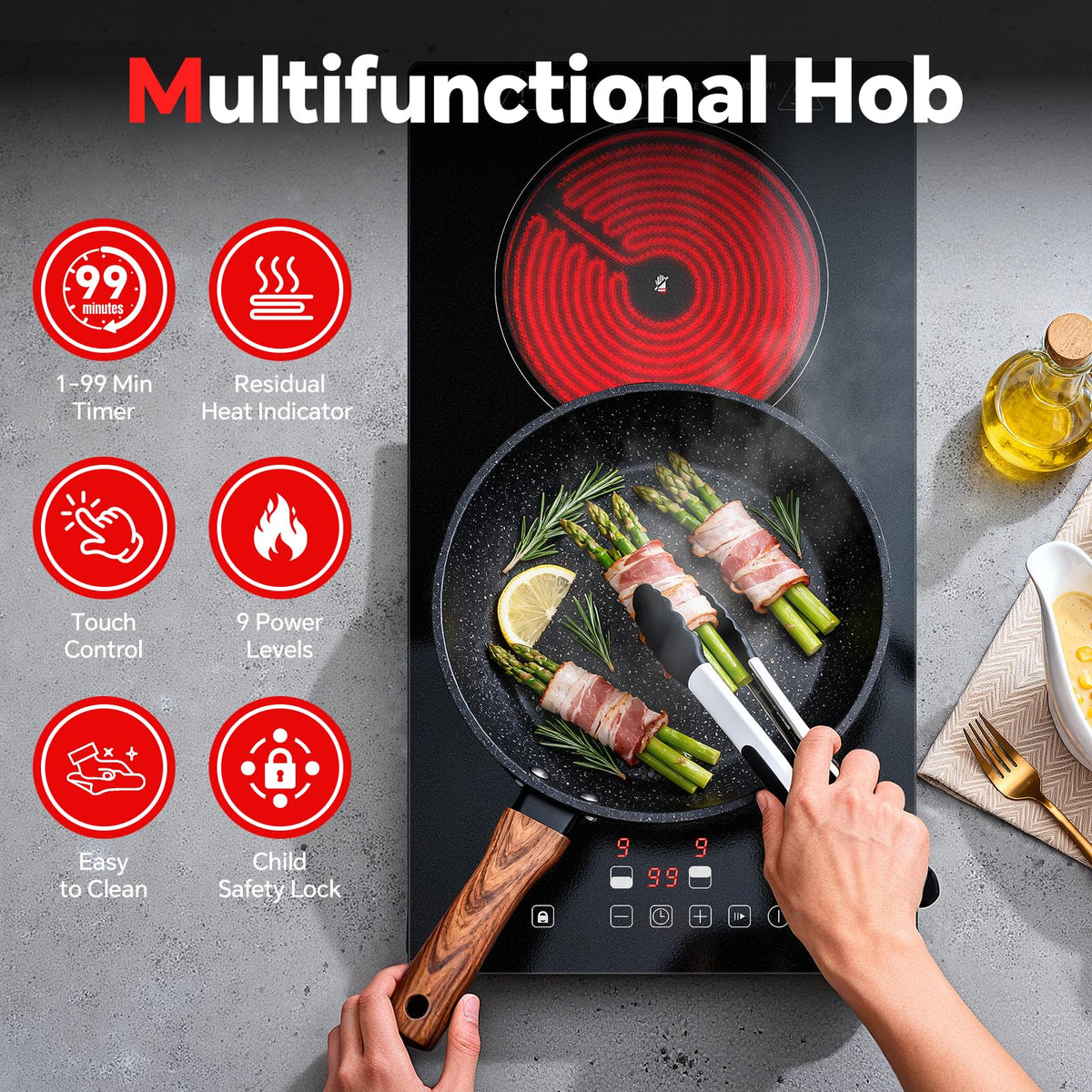 Single Induction Hob 2000W, Portable Induction Cooker with 10 Power & Temperature Levels, Touch Control, Child Lock, 3-Hour Timer, Residual Heat Indicator, Black Glass Panel Electric Hob