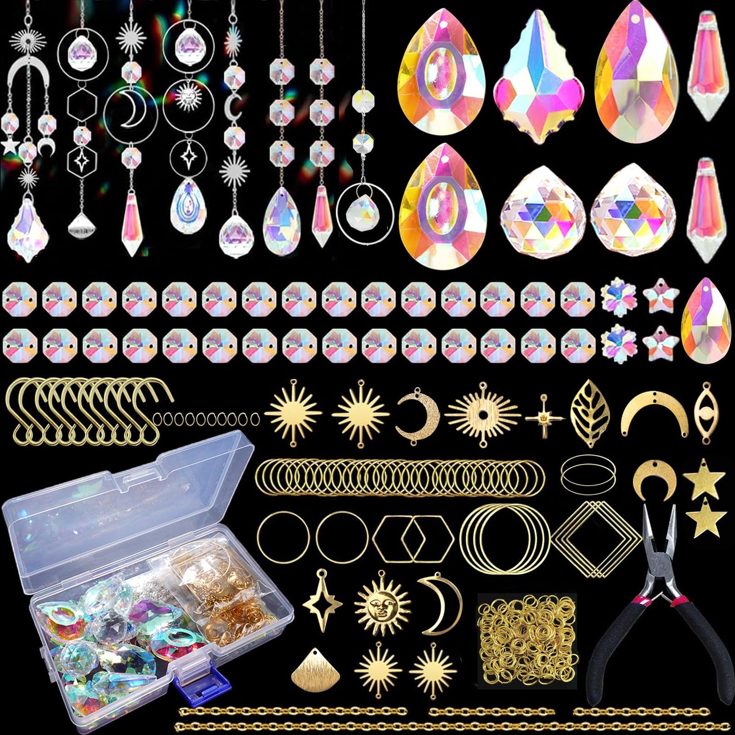 240PCS DIY Sun Catchers Making Kits for Adults, Crystal Suncatchers Kit with Colourful Prism Pearl Rainbow Maker for Windows, Hanging, Indoor, Outdoor, Garden Decor (Silver)