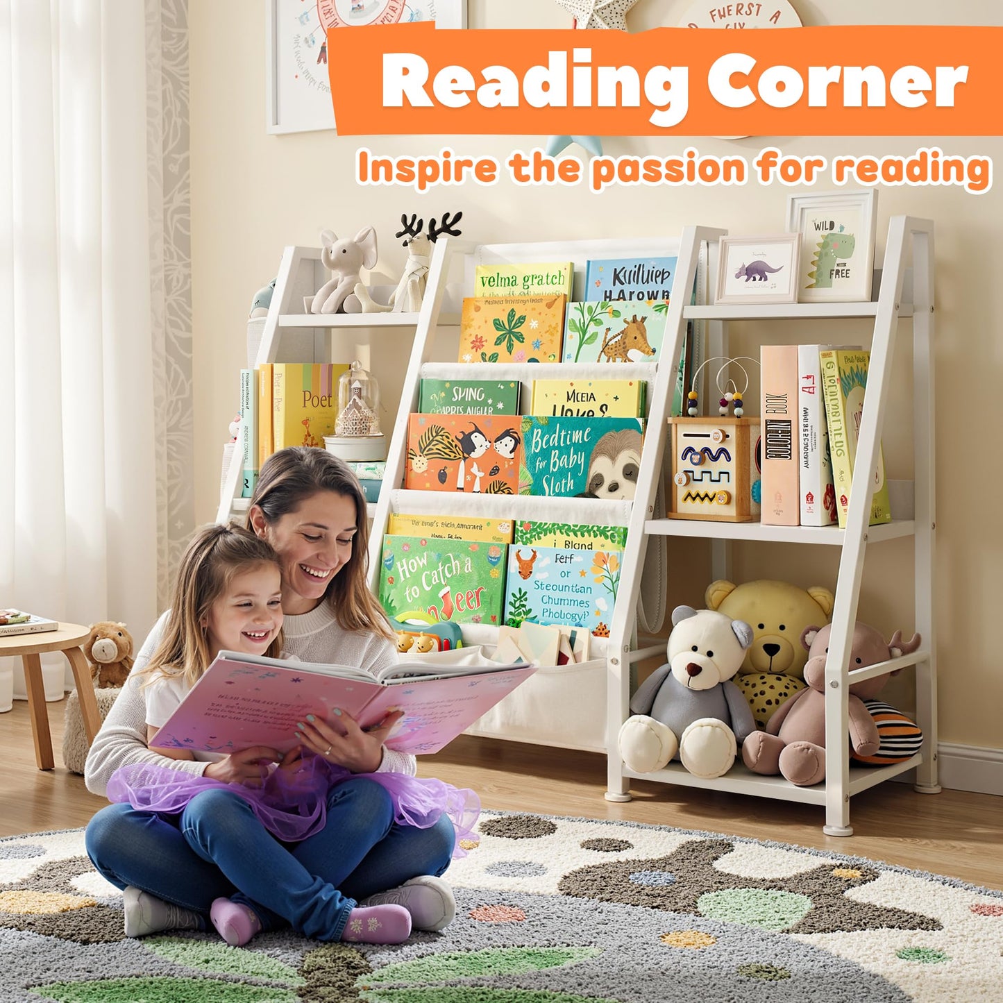 GoTiling Kids Bookshelf and Toy Storage Organizer: 3-Tier Sling Book Shelf with 3 Side Pockets for Kids Room - Toy Storage Organizer with 2 Fabric Drawers for Nursery, Bedroom, Playroom